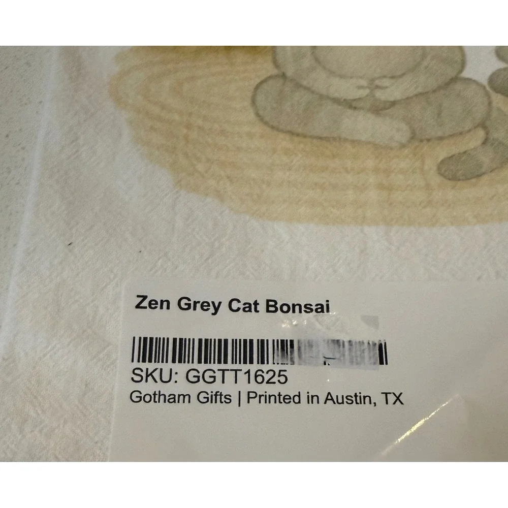 Gotham Gifts Zen Cat Bonsai Tea Towel Set of 2 Yellow & Grey Meditating Cats NEW